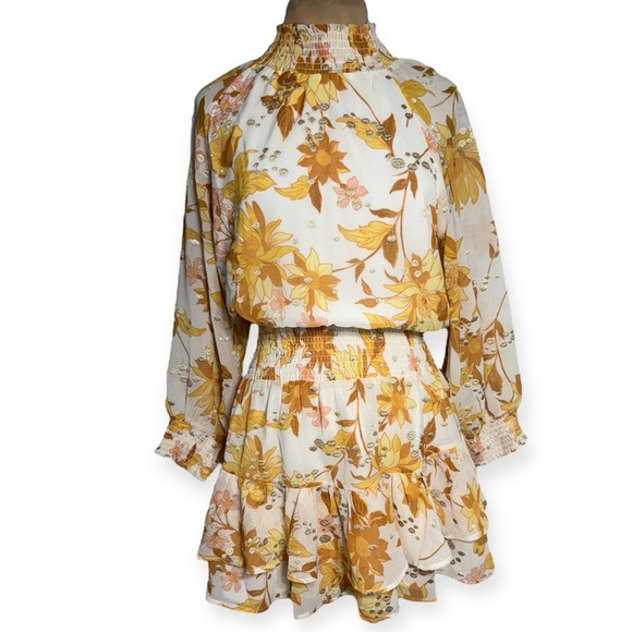 BTFL-life Retro Floral Ambrielle Floral Smocked Long Sleeve Mini Dress Large - Picture 3 of 8